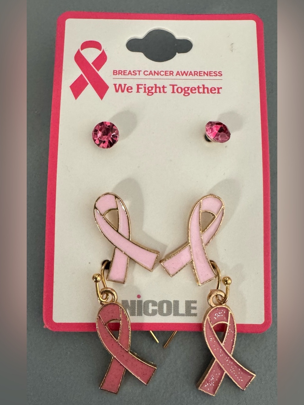 Nicole Breast Cancer Awareness Pink Ribbon Earring Set 3 pairs gold tone enamel